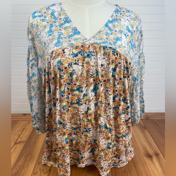 Oddi Floral Babydoll Blouse Two Tone V Neck Puff Sleeve Sheer Plus Size New 1X - Picture 2 of 12